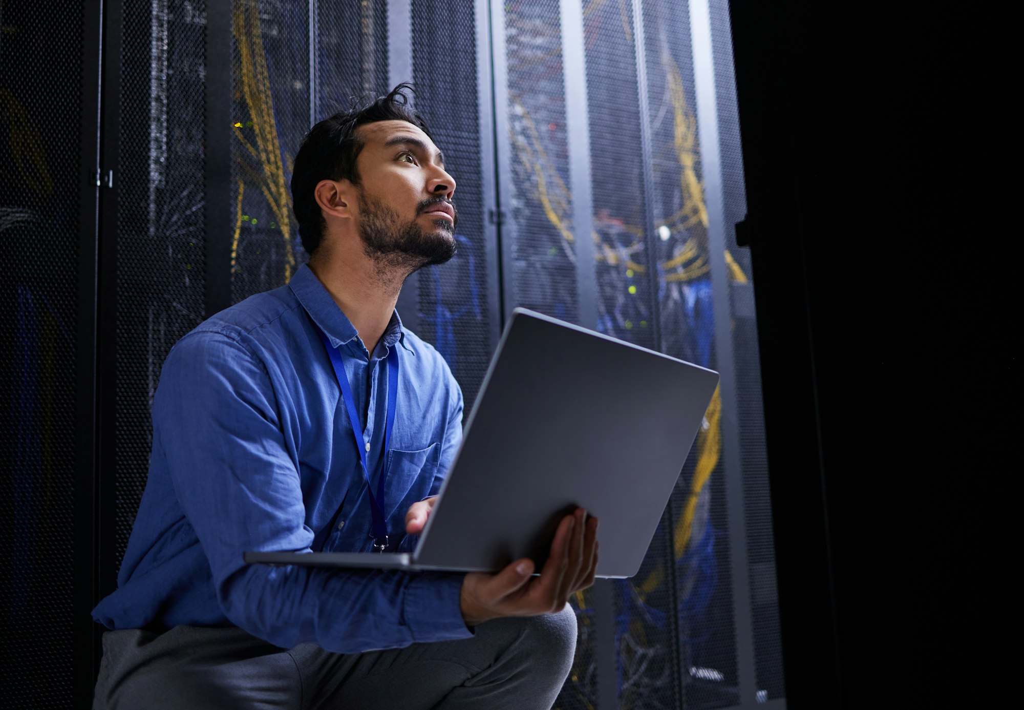 Data center, laptop or developer typing for cybersecurity glitch, machine or to search online on se