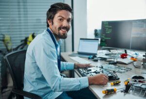 Information technology portrait, motherboard circuit and man repair computer hardware, electronics